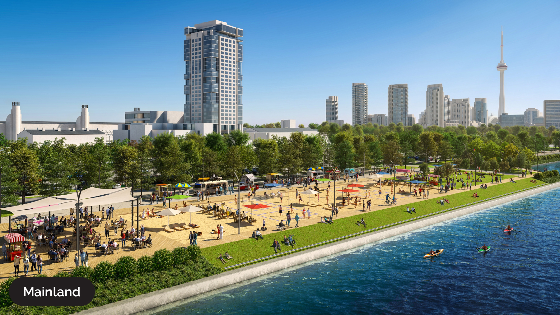 A vibrant waterfront park bustling with people, featuring sand volleyball courts, food stalls, and city skyline views, including the CN Tower.