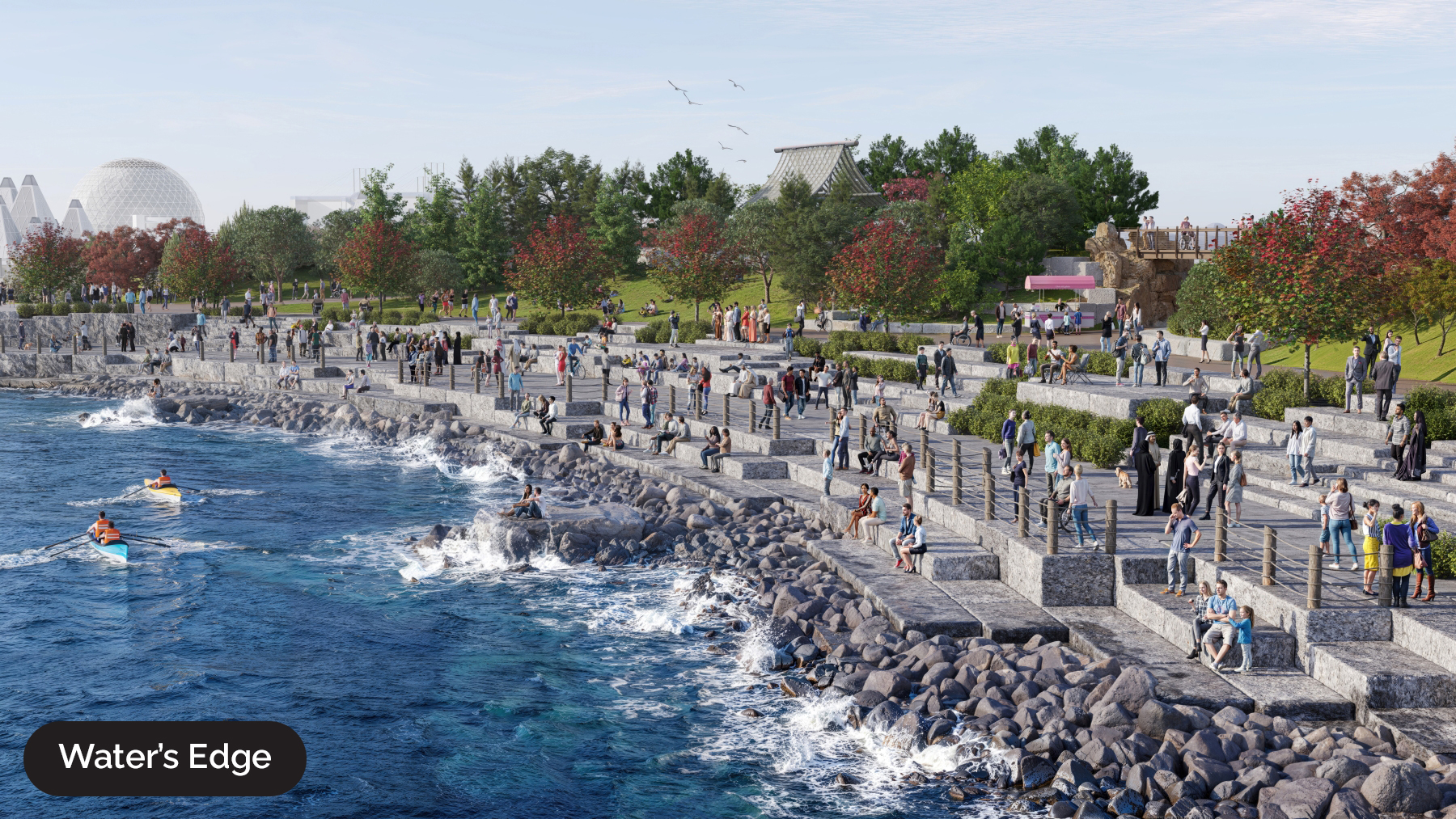 A bustling waterfront scene with people enjoying a promenade, kayakers on the water, and vibrant greenery in the background.