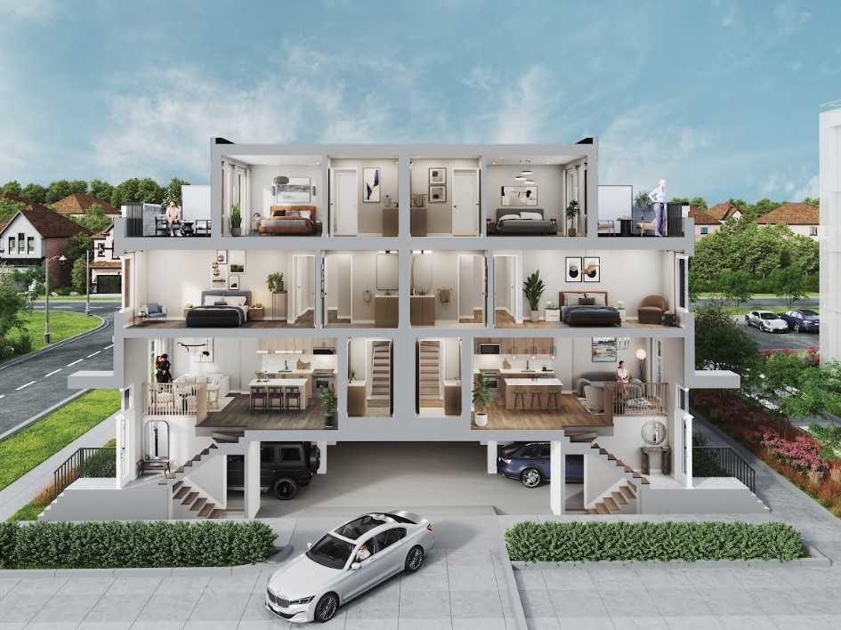 Cross-sectional view of a modern multi-story house featuring living areas, bedrooms, and a driveway with parked cars, under a blue sky.