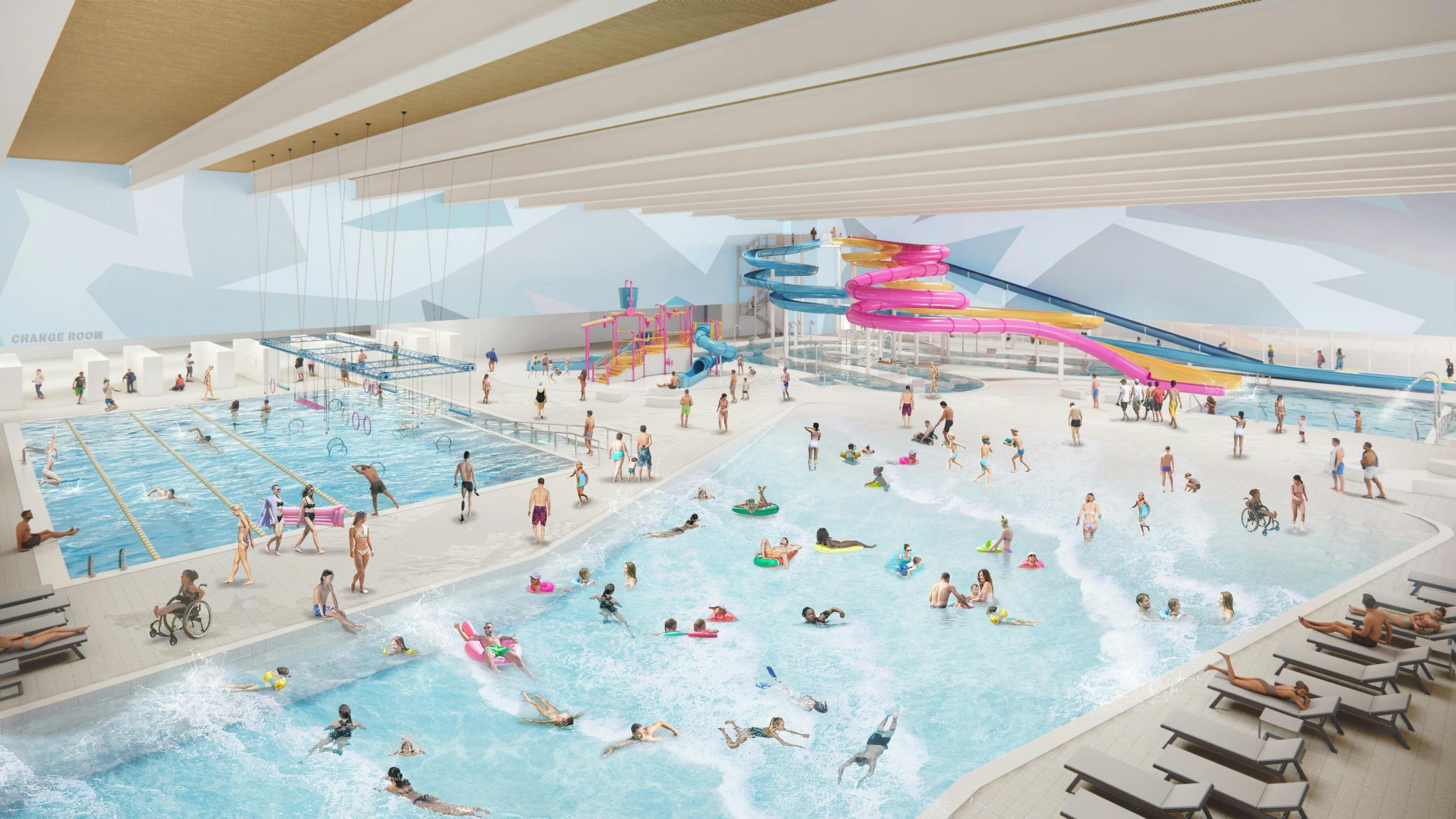A bustling indoor waterpark featuring multiple pools, water slides, children playing, and loungers, with various activities and guests enjoying.