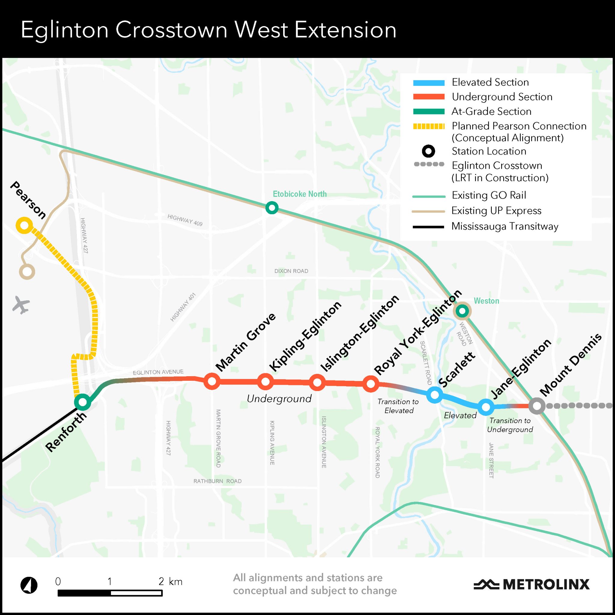 Map of the Eglinton Crosstown West Extension, showing station locations and routes: elevated, underground, and at-grade alignments.