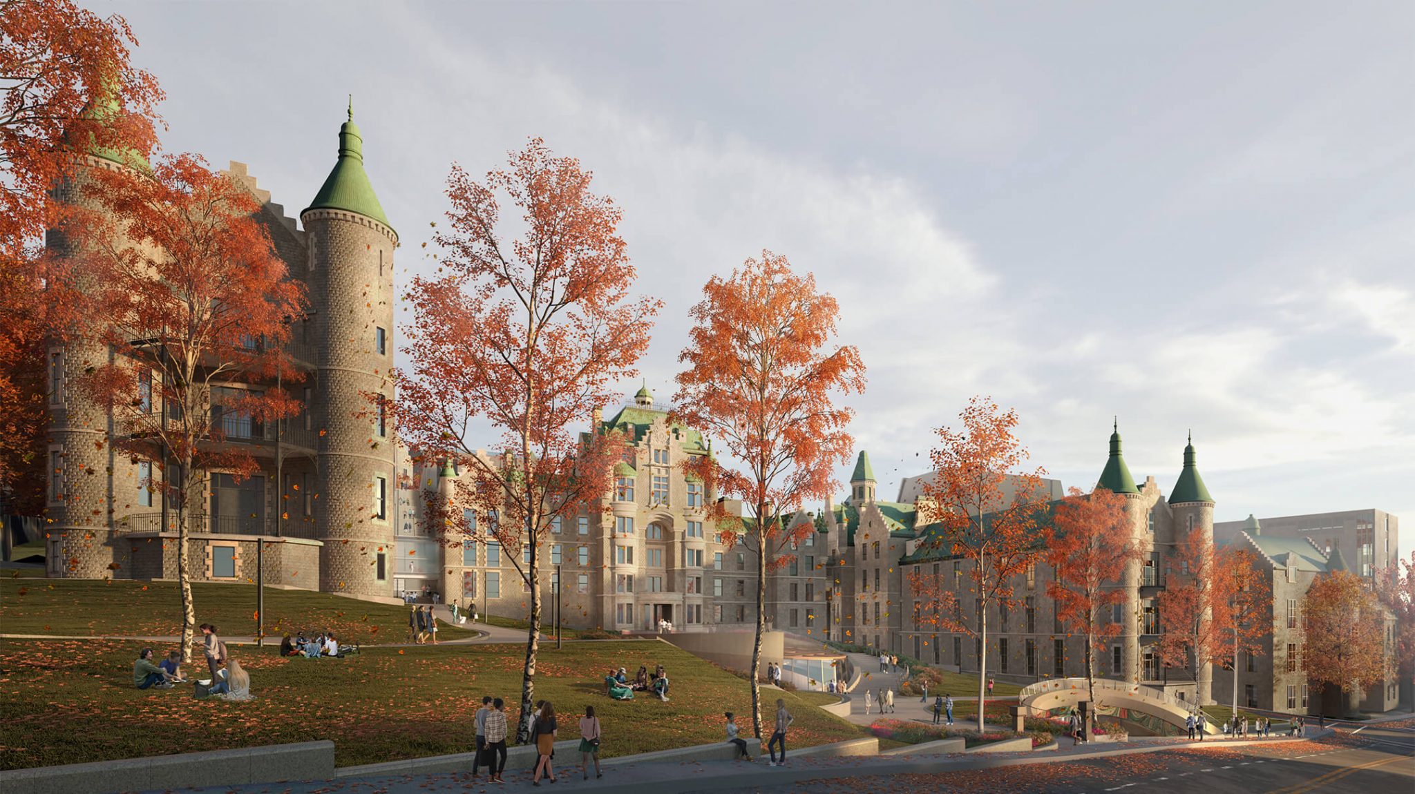 A historic castle-like building surrounded by colorful autumn trees, with people enjoying the outdoors on a sunny day.
