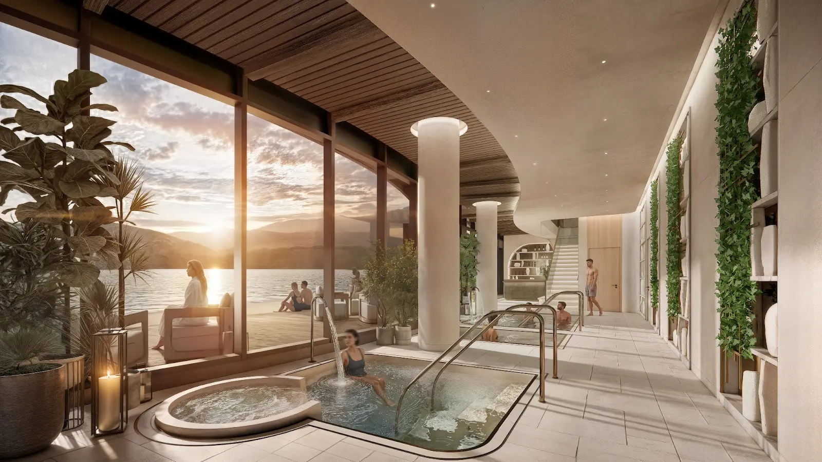 A luxurious spa area with a hot tub, sleek design, greenery, and large windows showcasing a serene lakeside sunset.