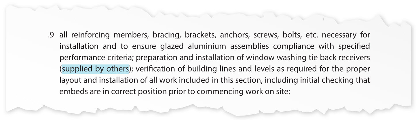 Excerpt from a construction specification outlining installation requirements for reinforcing members and verification of building lines.