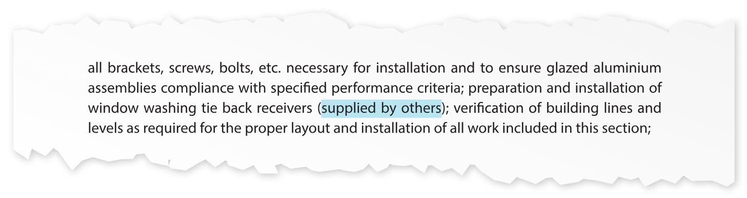 Excerpt from a construction specification listing installation items and noting window washing tie back receivers as supplied by others.