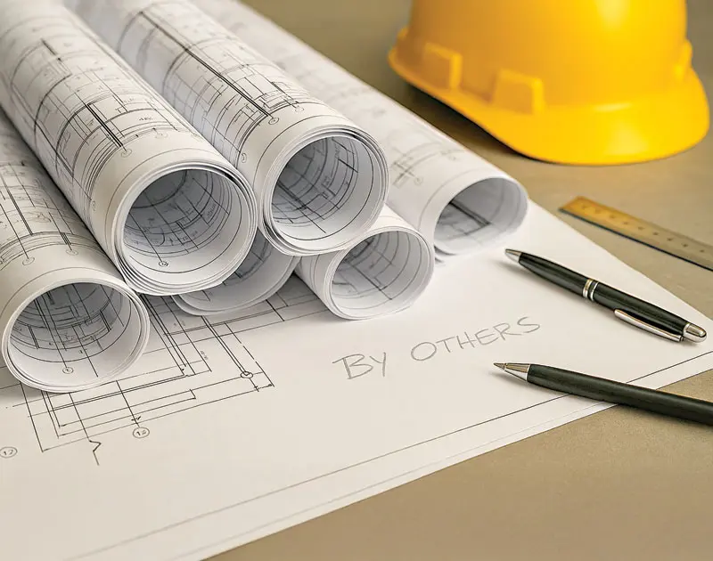 Blueprints rolled up on a workspace, with a yellow hard hat and pens nearby, displaying the note "By Others."