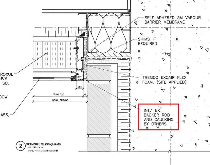 Detailed architectural drawing showing spandrel glass installation, including vapor barrier, foam, and caulking instructions.