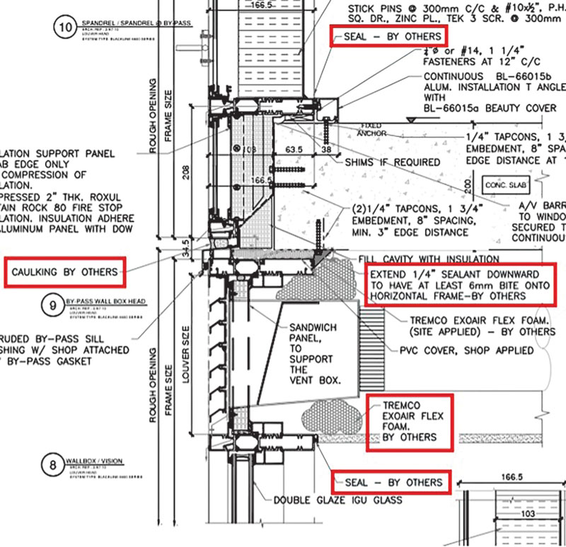 Detail drawing featuring insulation installation, caulking, and sealing specifications for a spandrel wall assembly.