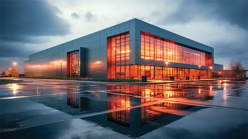 Modern industrial building with large glass windows reflecting orange interior light on a wet parking lot at dusk.