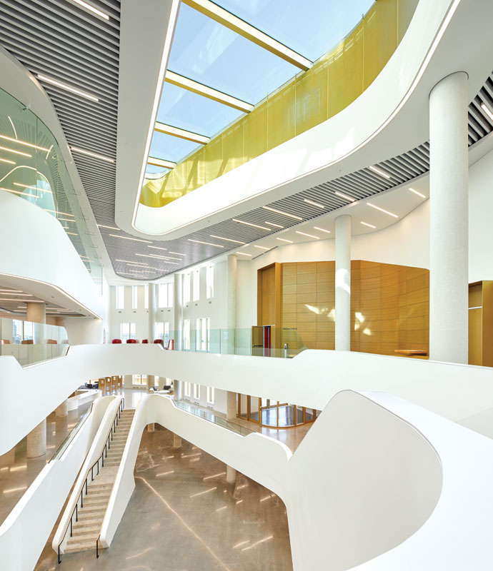 Bright, spacious modern interior of a multi-level building with white curved railings, glass panels, and large skylights.