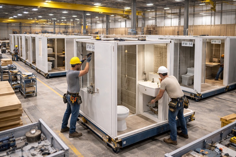 Workers in hard hats assemble modular bathrooms inside a factory. Each bathroom features a toilet, sink, and tiled walls, suggesting efficient production.