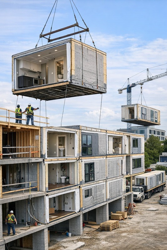 Modular construction site with workers guiding prefabricated units being stacked by cranes. Four-story building, clear sky, active and efficient scene.