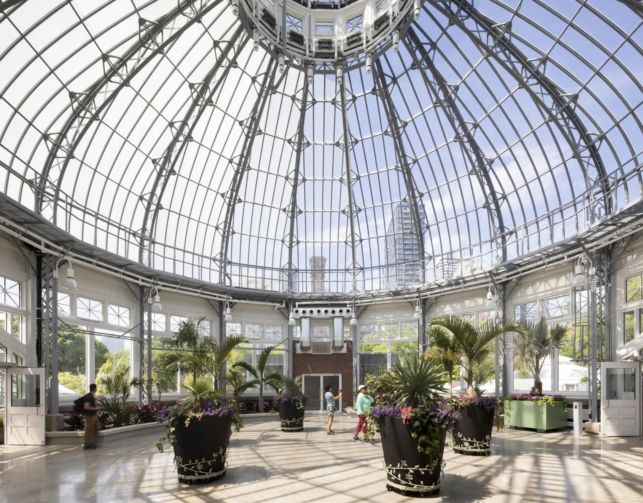 Spacious greenhouse interior with a large glass dome ceiling. Lush potted plants line the pathway, people strolling. Bright, airy atmosphere.