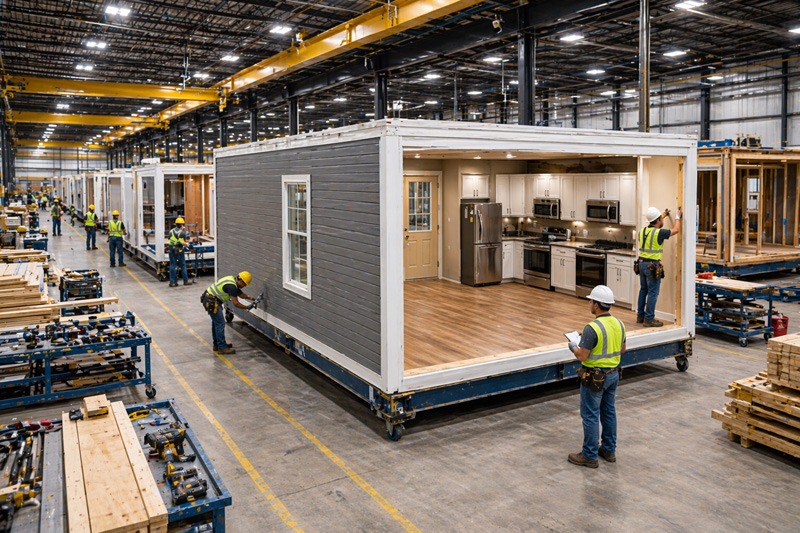 Workers in hard hats and safety vests inspect a modular home section in a large factory. The unit has visible wooden flooring and kitchen appliances.