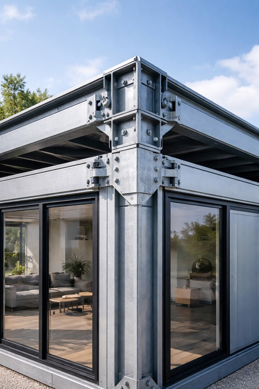 Modern building corner with visible steel frame and large glass windows. Interior shows a cozy sofa and plant. Sky is clear, creating a sleek, industrial look.