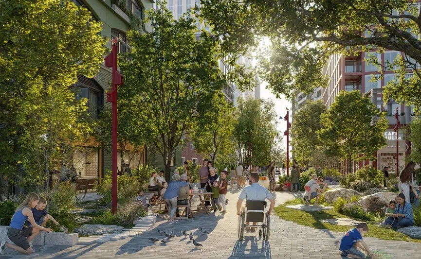 A vibrant urban park scene with people enjoying outdoor activities. Lush trees line the path while a man in a wheelchair moves forward, creating a lively and inclusive atmosphere.