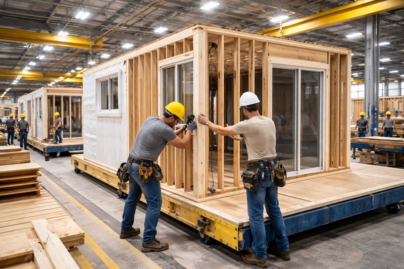 Workers in hard hats assemble a modular home in a factory. The wooden frame structure is on a wheeled platform. The scene is industrious and focused.