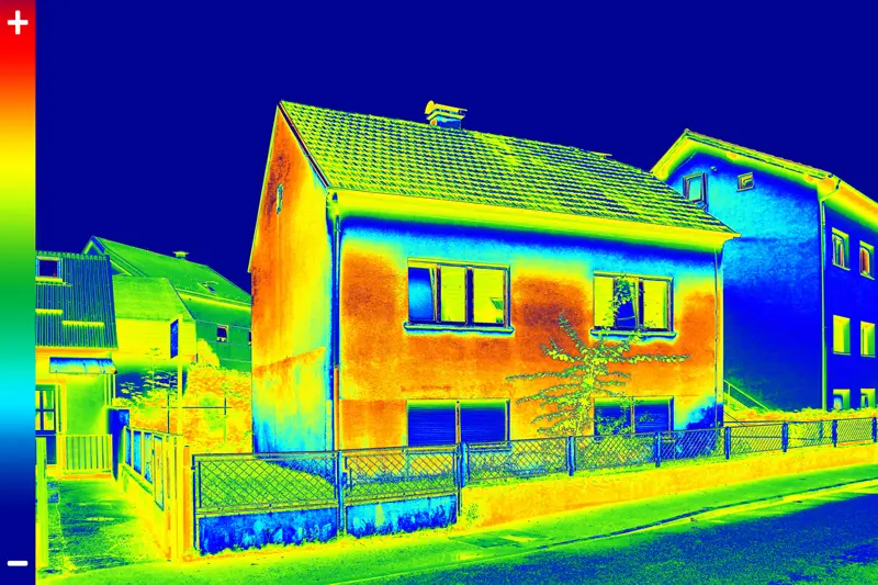 Thermal image of houses showing heat distribution. Warmer areas in red and orange, cooler areas in blue. Scale indicates temperature range.