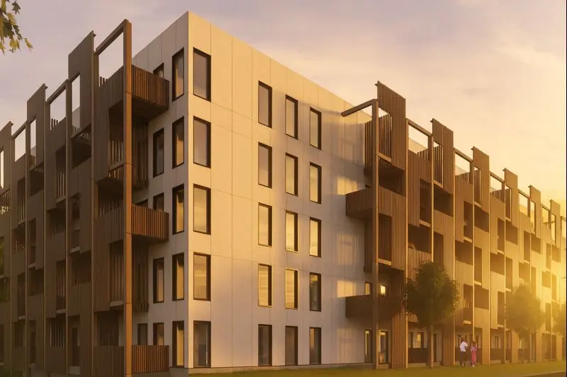 Modern multi-story apartment building with a dark wooden facade on one side and a white smooth facade on the other, bathed in golden light at sunset.