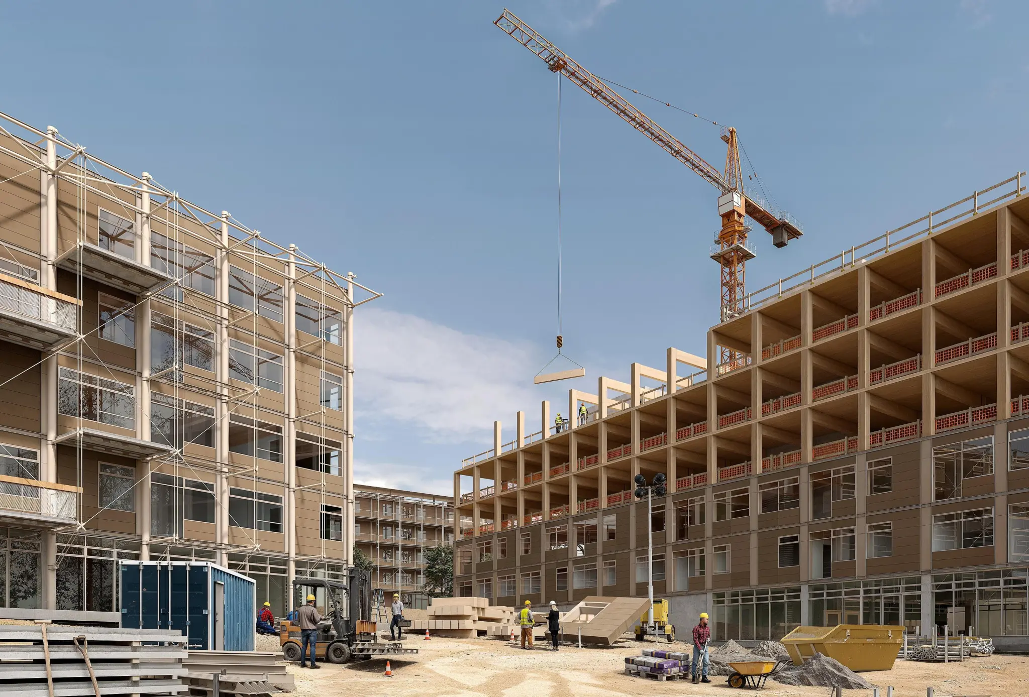 Construction site with two buildings in progress, a crane lifting materials, and several workers on site.