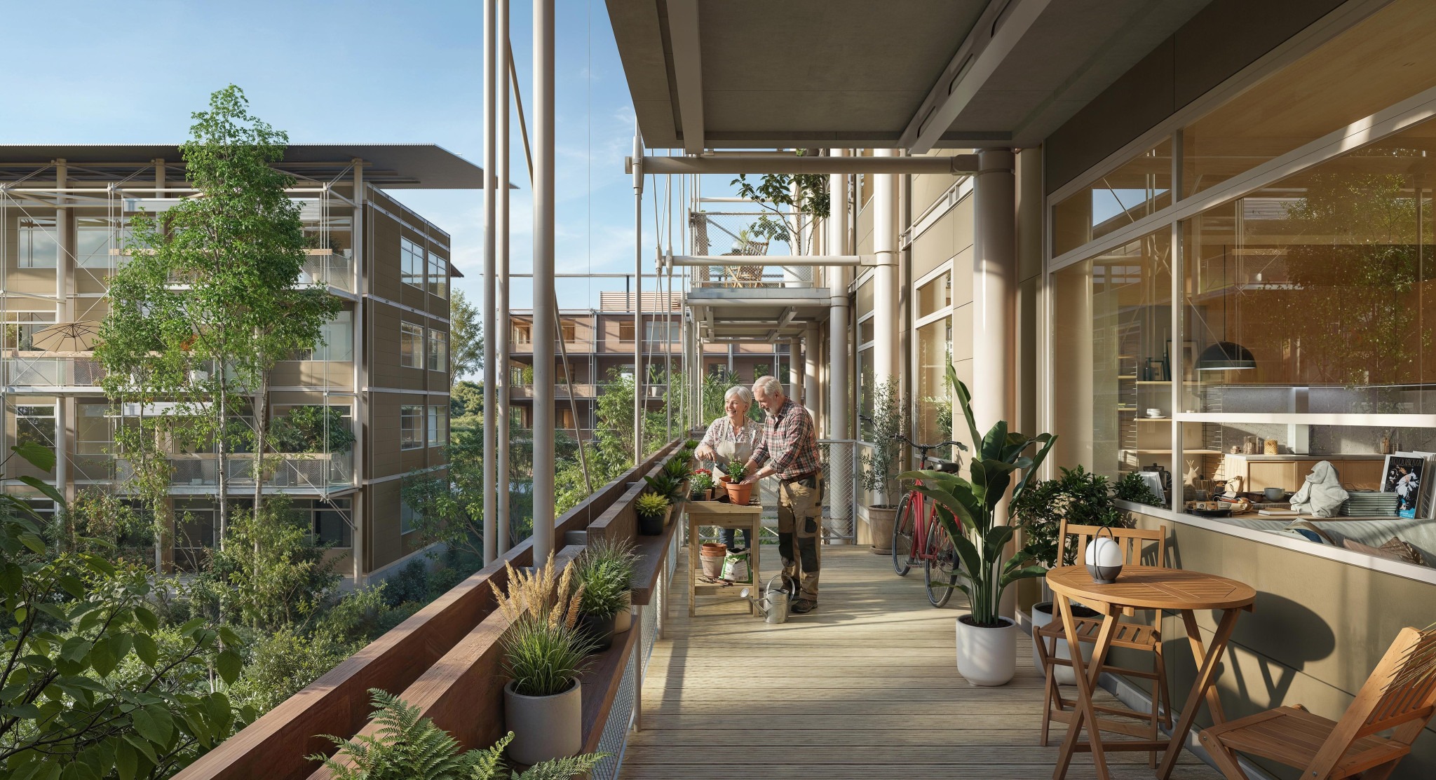 A balcony scene with two elderly people gardening, surrounded by potted plants and a view of a modern apartment building.