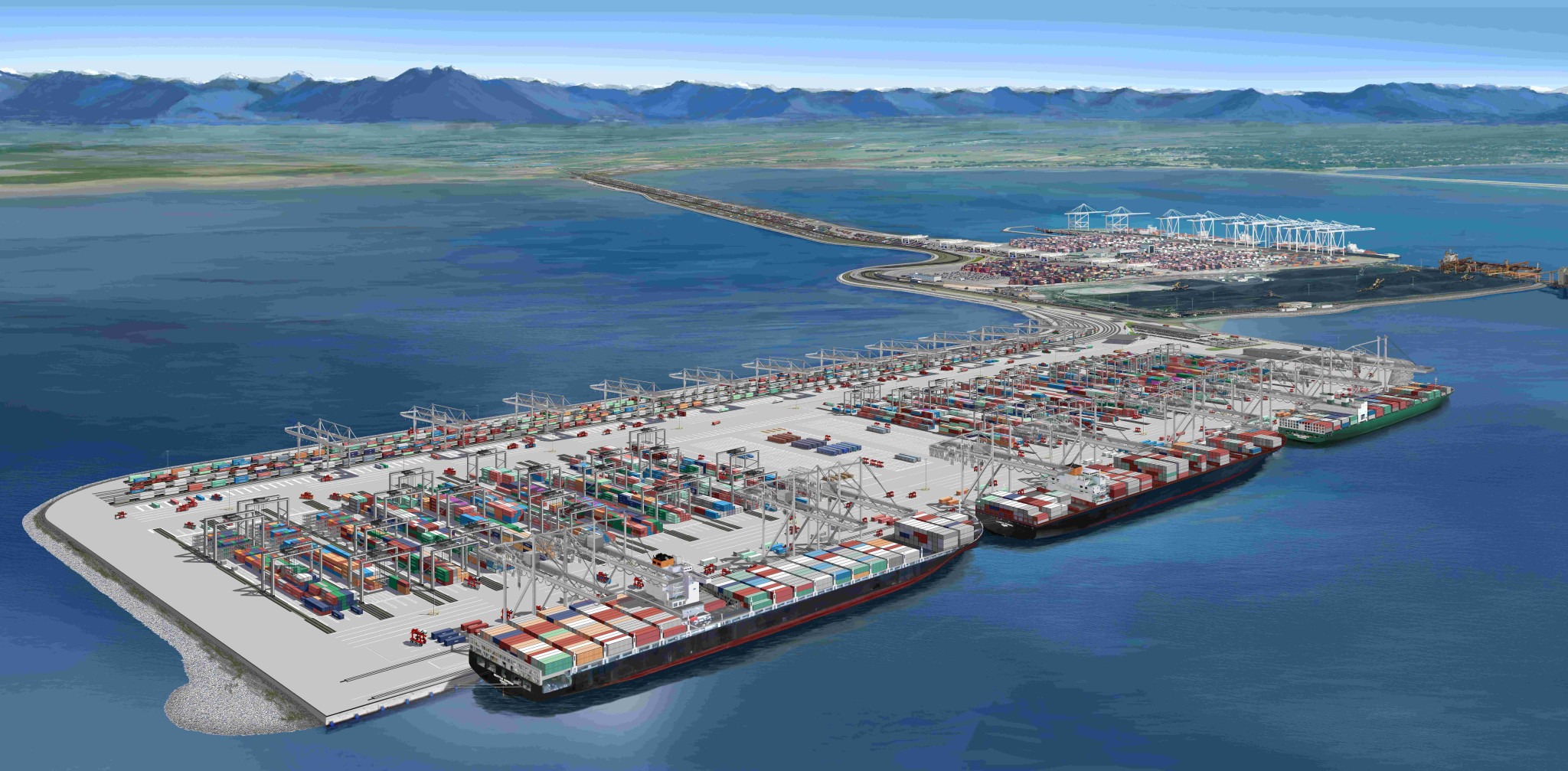 Aerial view of a busy shipping port with cargo ships docked and colorful containers stacked on the pier, set against a mountainous backdrop.