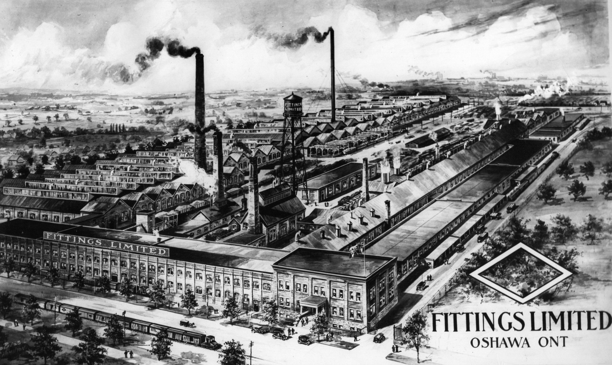 Black-and-white illustration of the "Fittings Limited" factory complex in Oshawa, Ontario, featuring multiple buildings, smokestacks, and a water tower, with cars and people in the foreground.