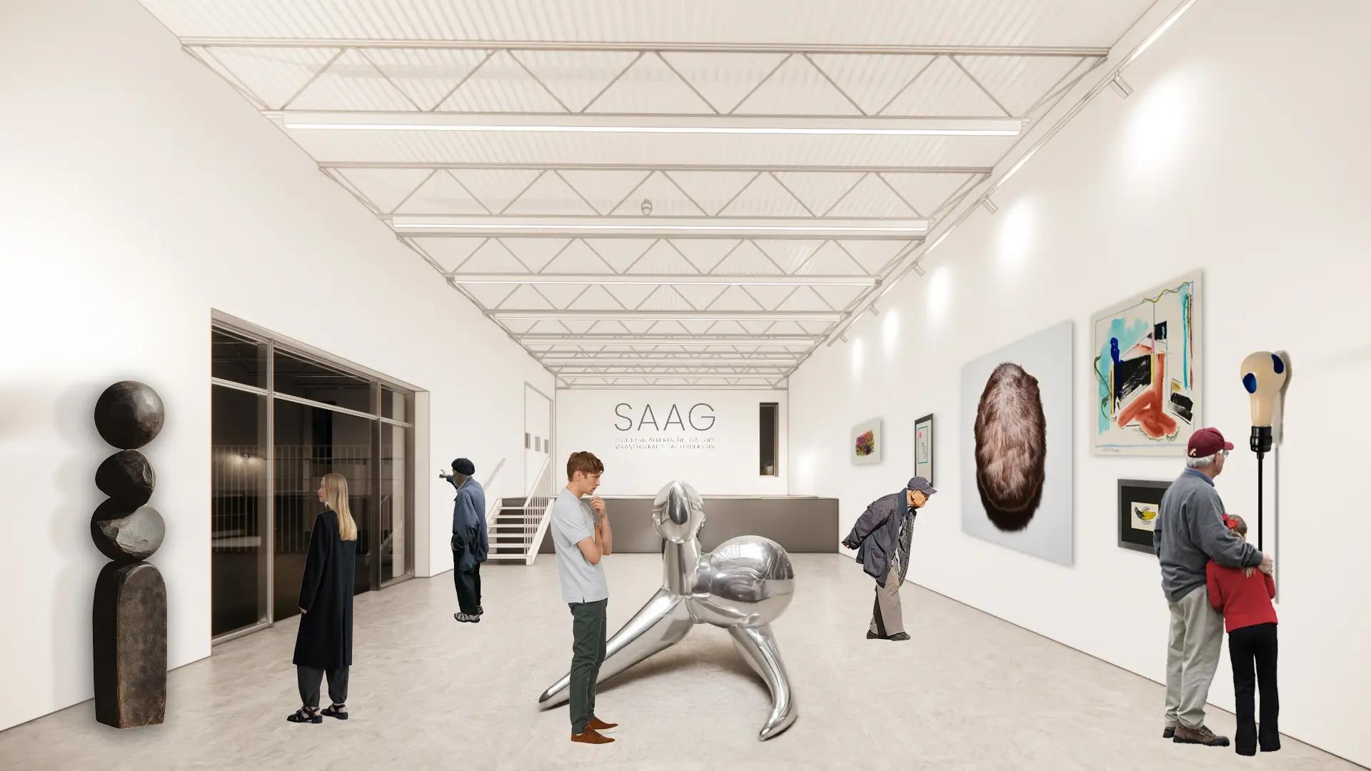 A contemporary art gallery with white walls, featuring a large silver abstract sculpture in the center and various artworks on the walls, as visitors engage with the exhibits.