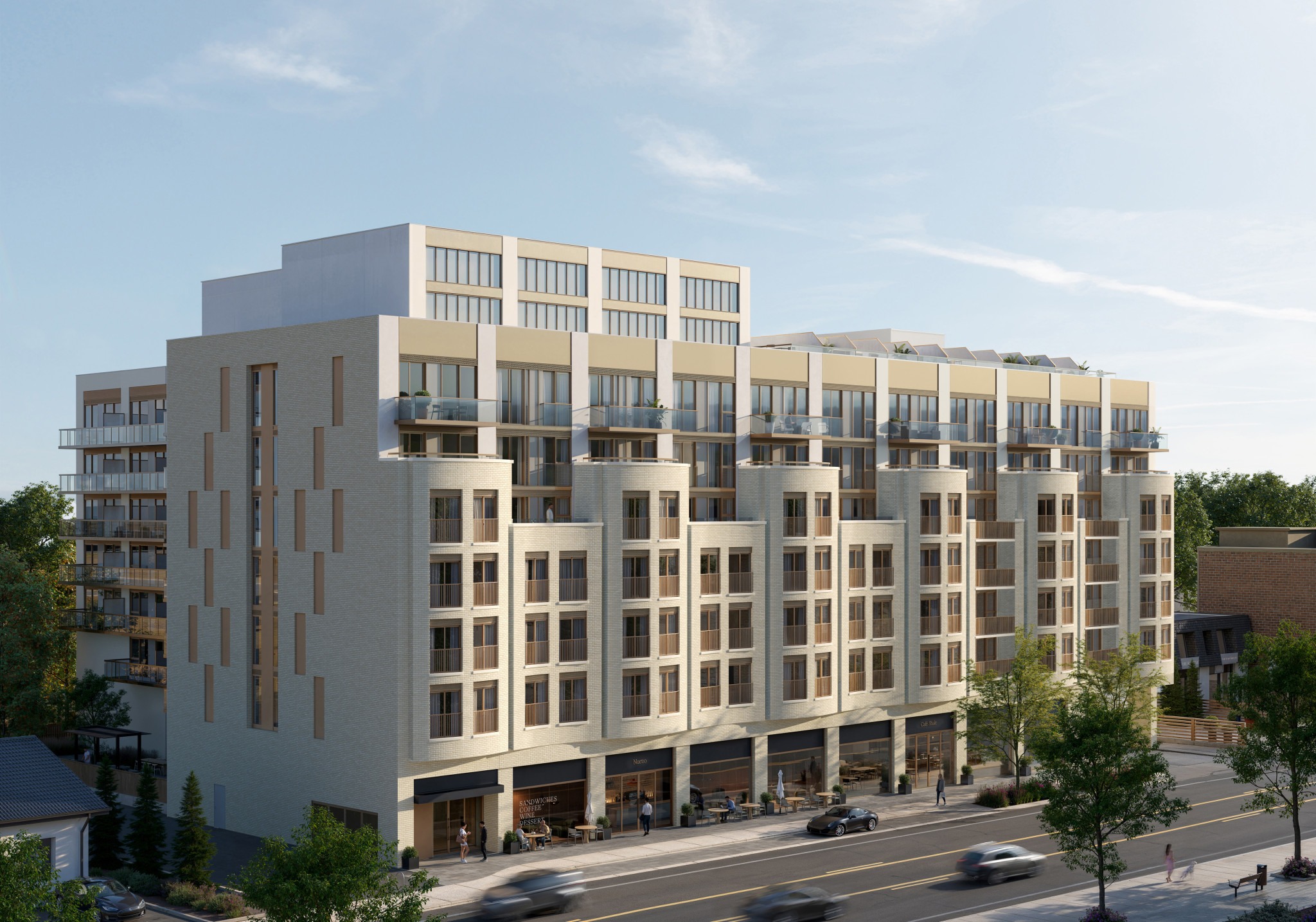 Architectural rendering of a modern multi-story mixed-use building with balconies, storefronts, street-level cafés, cars, and trees.