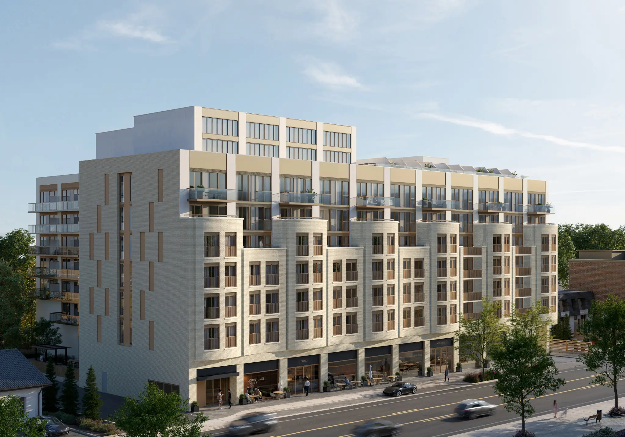 Architectural rendering of a modern multi-story mixed-use building with balconies, storefronts, street-level cafés, cars, and trees.