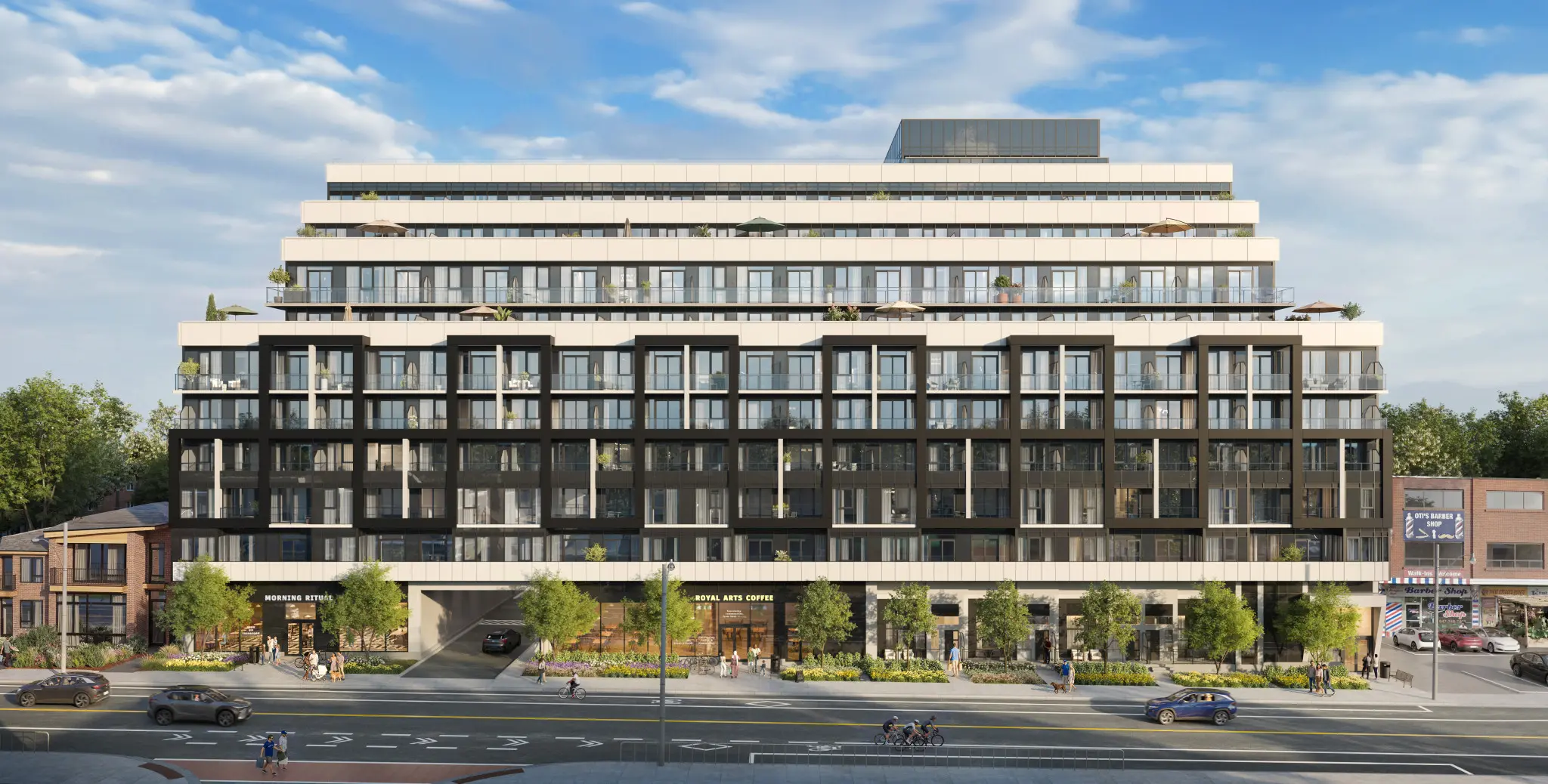 Architectural rendering of a contemporary mixed-use building with balconies, street-level shops, landscaping, pedestrians, cyclists, and passing cars.