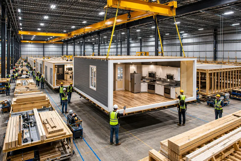 Workers in hard hats assemble a modular home in a factory. The wooden frame structure is on a wheeled platform. The scene is industrious and focused.