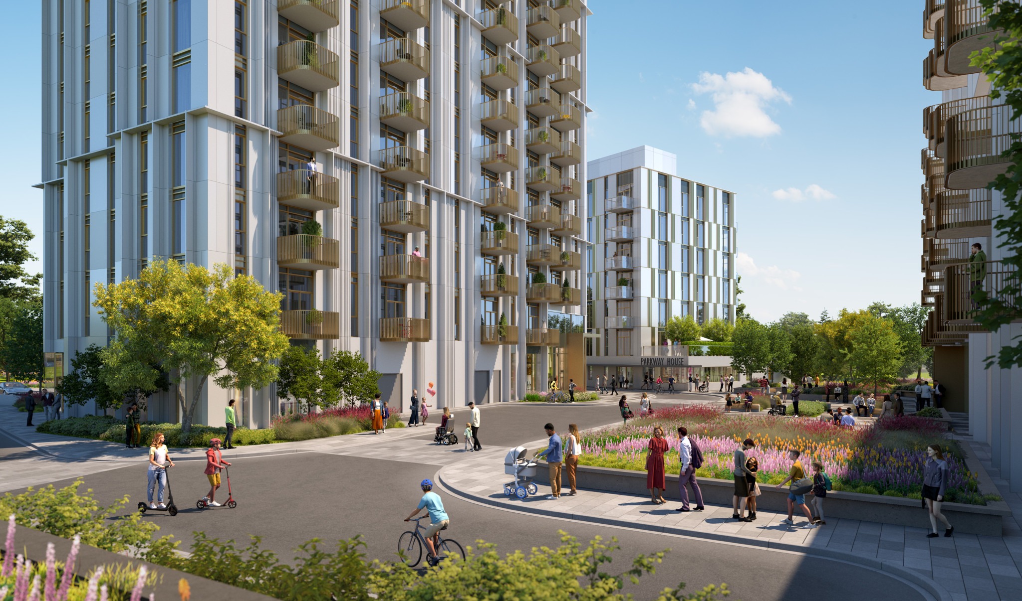 Architectural rendering of a landscaped residential plaza with modern apartment buildings, balconies, pedestrians, cyclists, and the “PARKWAY HOUSE” entrance.