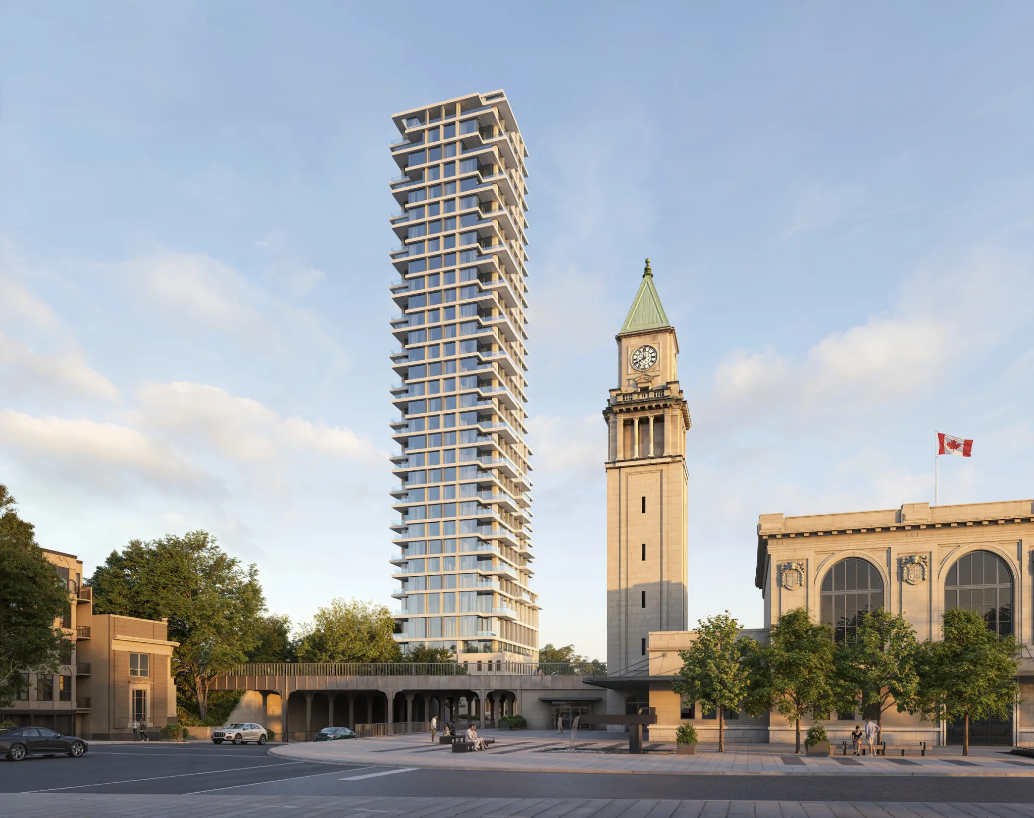 Modern high-rise tower beside a historic clock tower and Canadian flag overlooking a landscaped urban plaza.