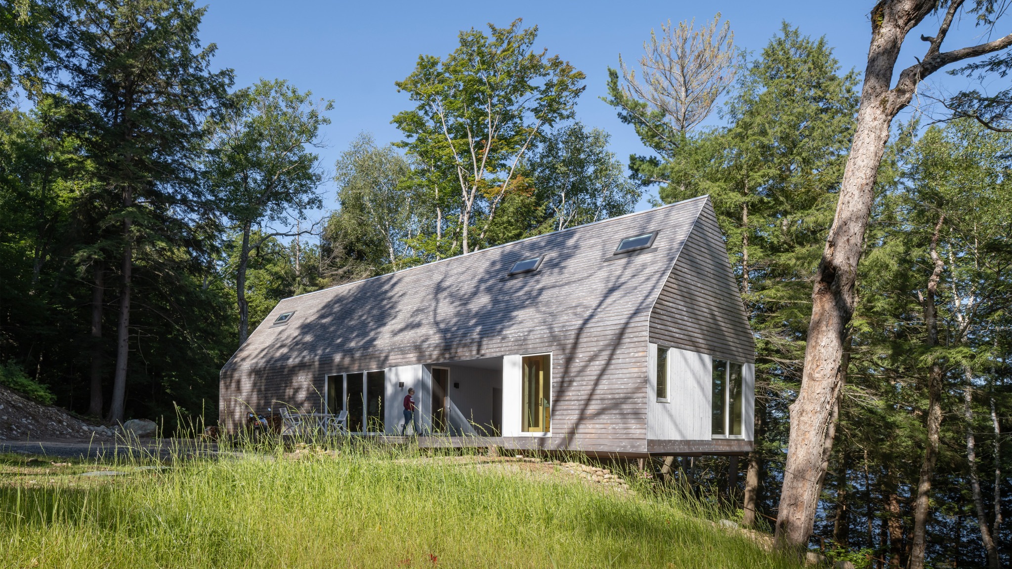 Modern gray house with a steep roof and large windows in a wooded, grassy setting.