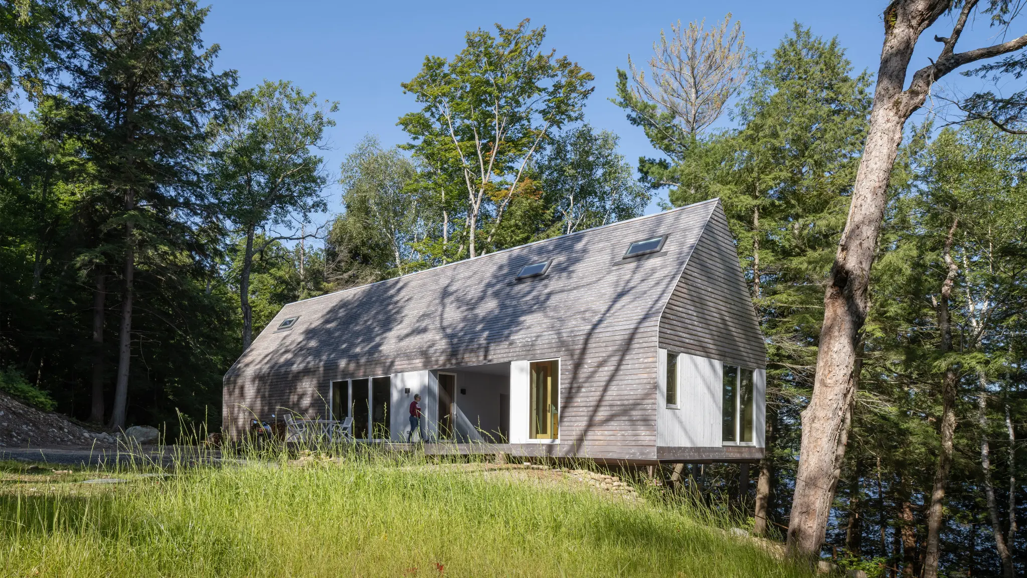 Modern gray house with a steep roof and large windows in a wooded, grassy setting.