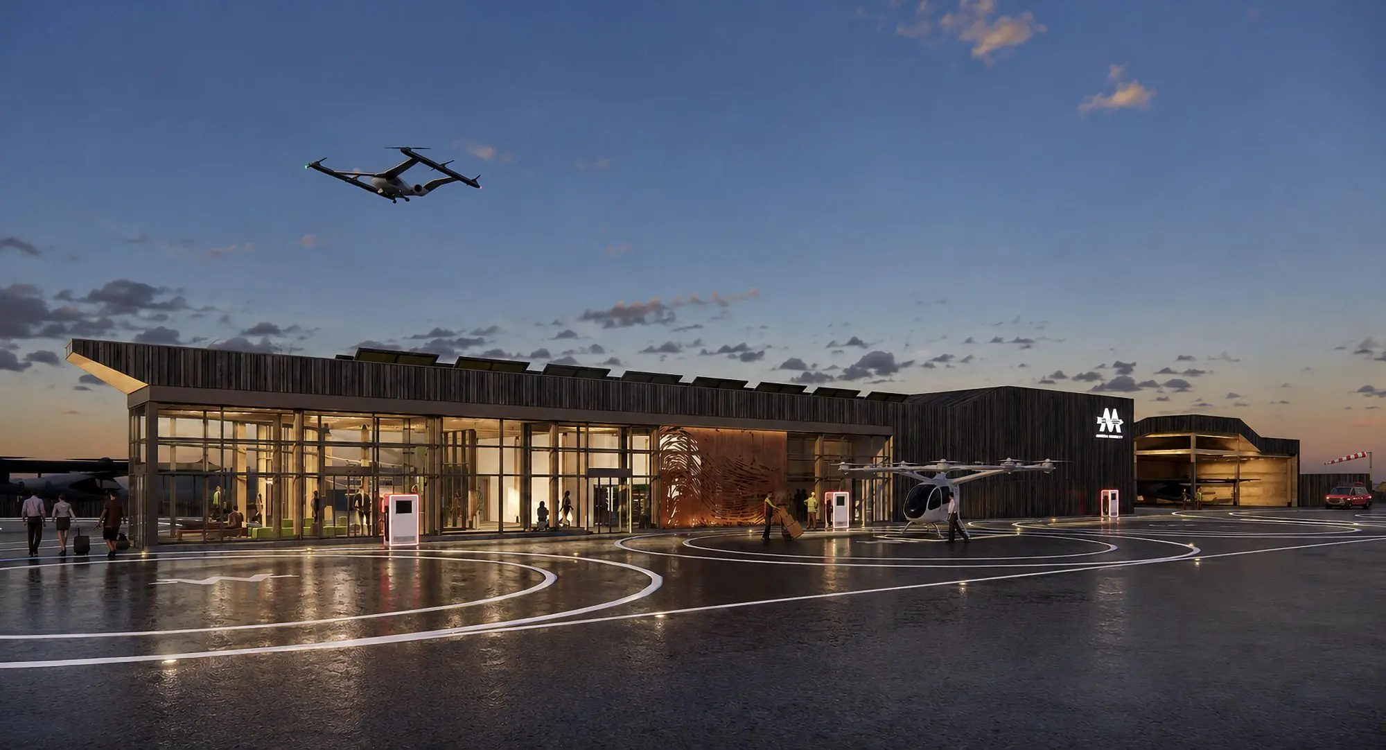 Architectural rendering of a futuristic air-mobility terminal at dusk, with electric aircraft on a reflective landing apron and one aircraft flying overhead.