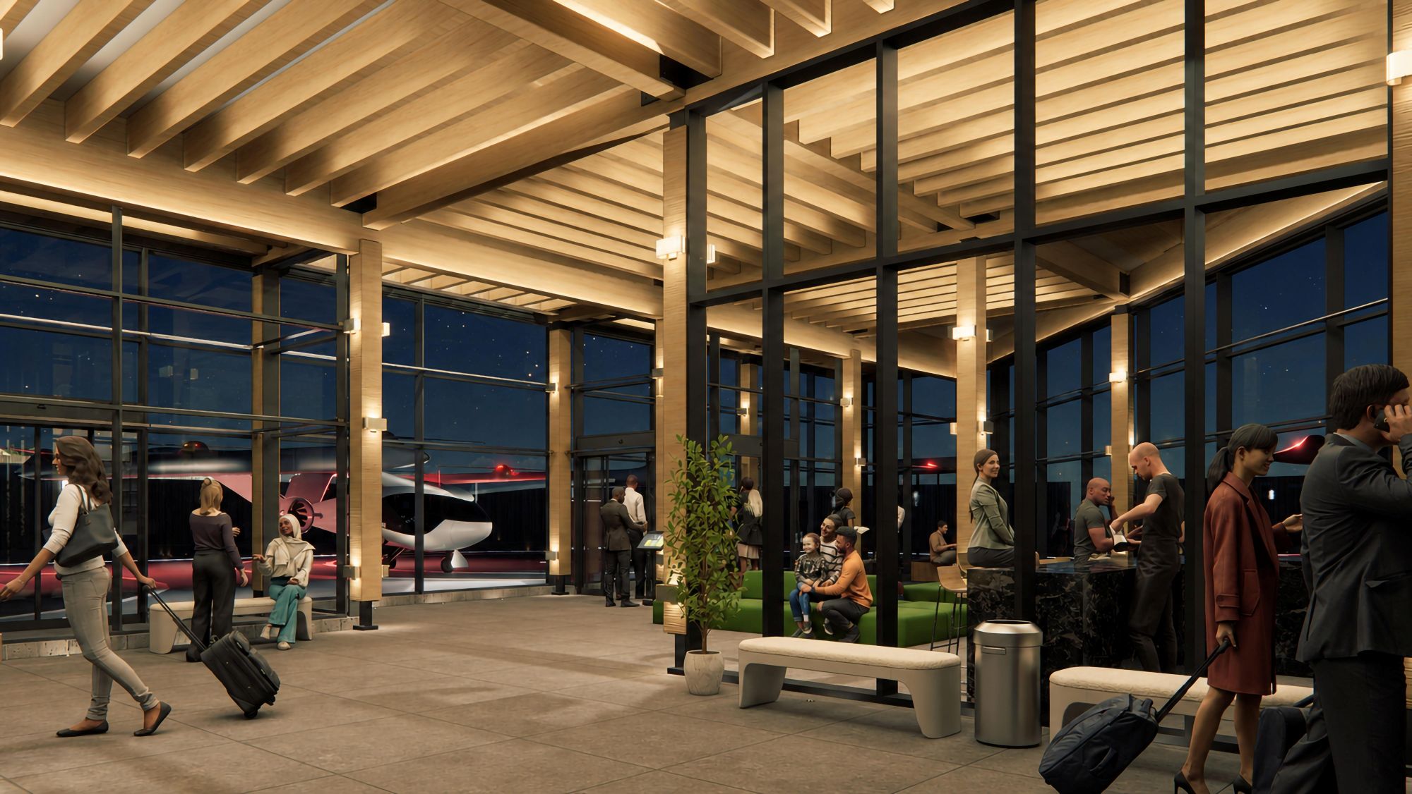 Modern wood-and-glass terminal at night with travelers, luggage, seating, and a sleek illuminated aircraft visible through the windows.