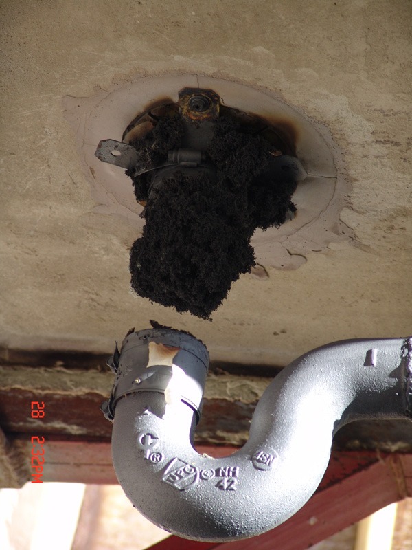 Underside of a concrete floor where a plastic drain pipe has burned away after a fire test. A mass of black, expanded intumescent char fills the penetration opening above a remaining cast iron P-trap.
