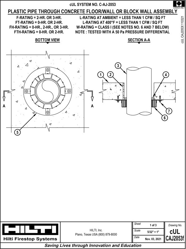 Hilti cUL system drawing C-AJ-2053 for a plastic pipe through a concrete floor, wall, or block wall assembly. A bottom view and a section A-A show a collar around the pipe, with numbered callouts. Fire, temperature, and air leakage ratings are listed at the top.