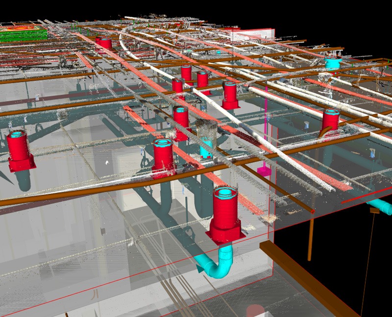 3D building model showing many red cylindrical cast-in firestop devices along a floor, with cyan drain pipes beneath. Orange, white, and red pipes and conduits run through the space.