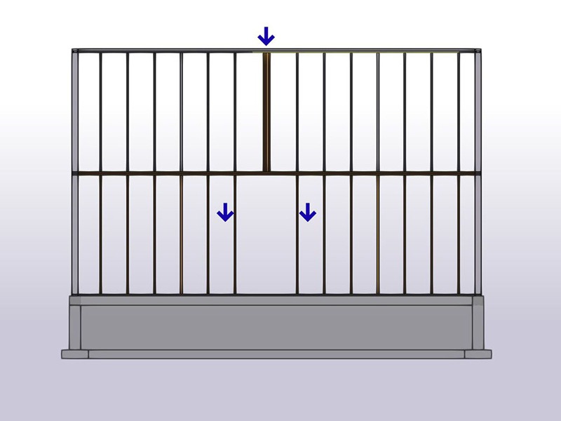 Gray two-tier barred panel with three blue arrows pointing to central vertical bars.