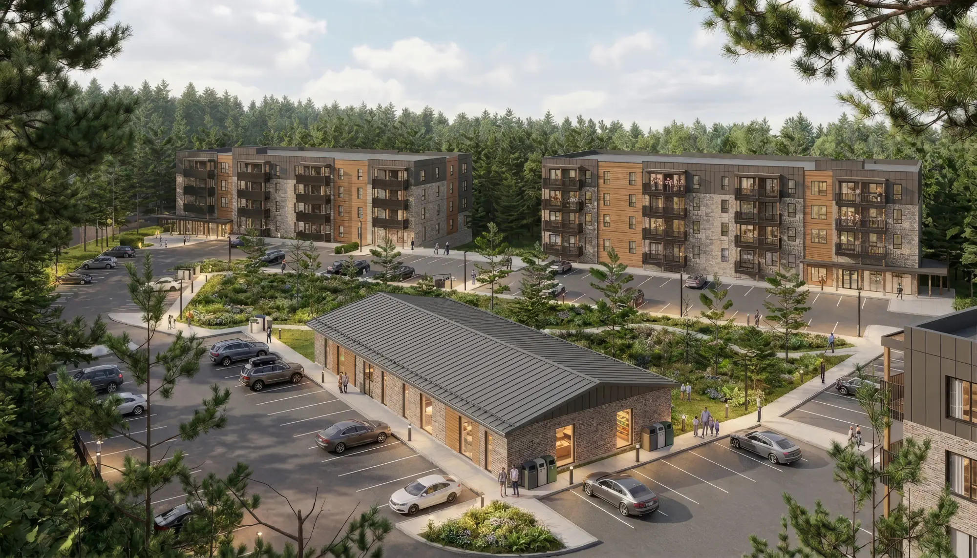 Architectural rendering of a modern apartment complex with landscaped grounds and parking, surrounded by dense pine forest.