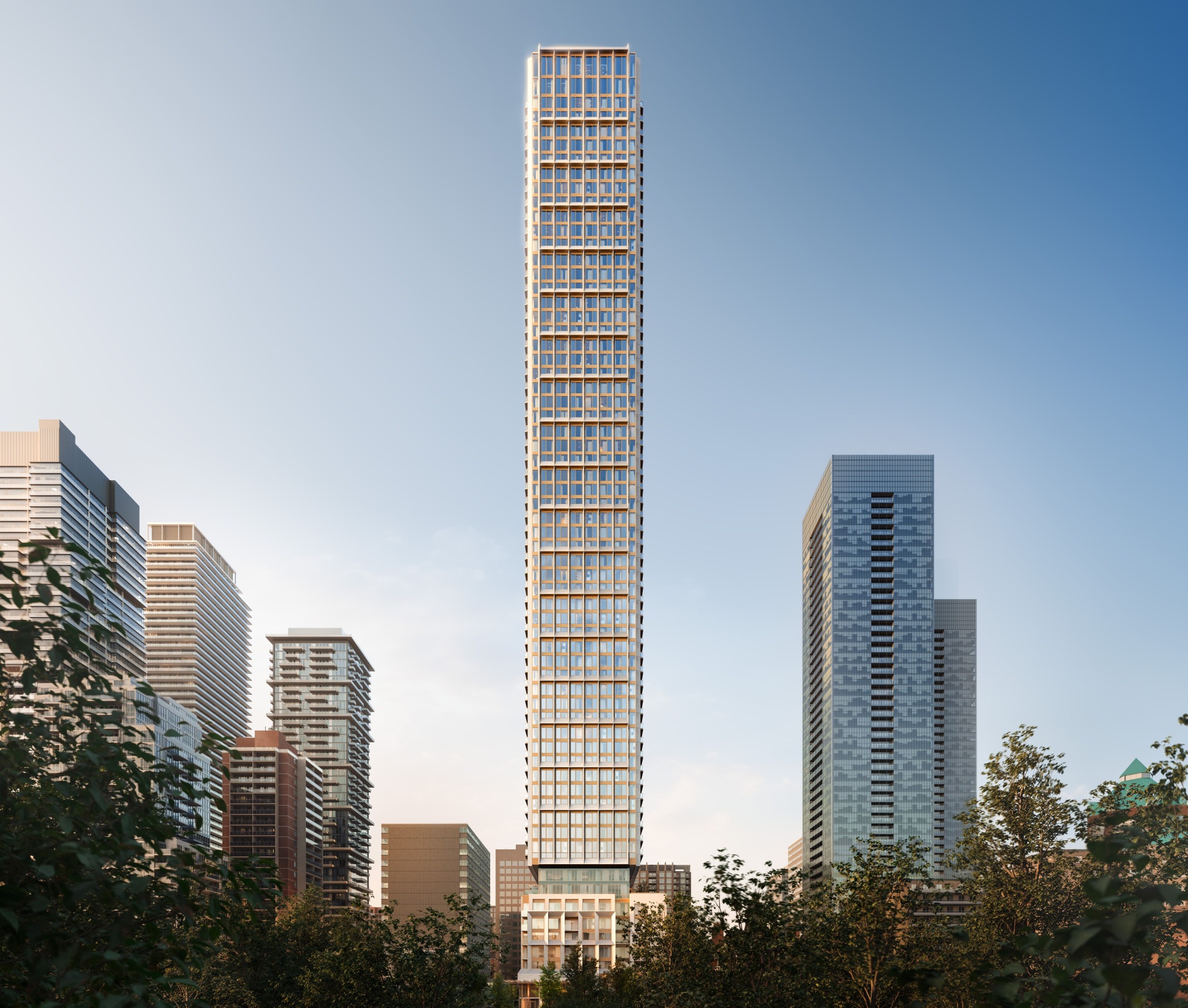 Modern city skyline with a tall, narrow glass-and-concrete tower centered among surrounding high-rises and trees.