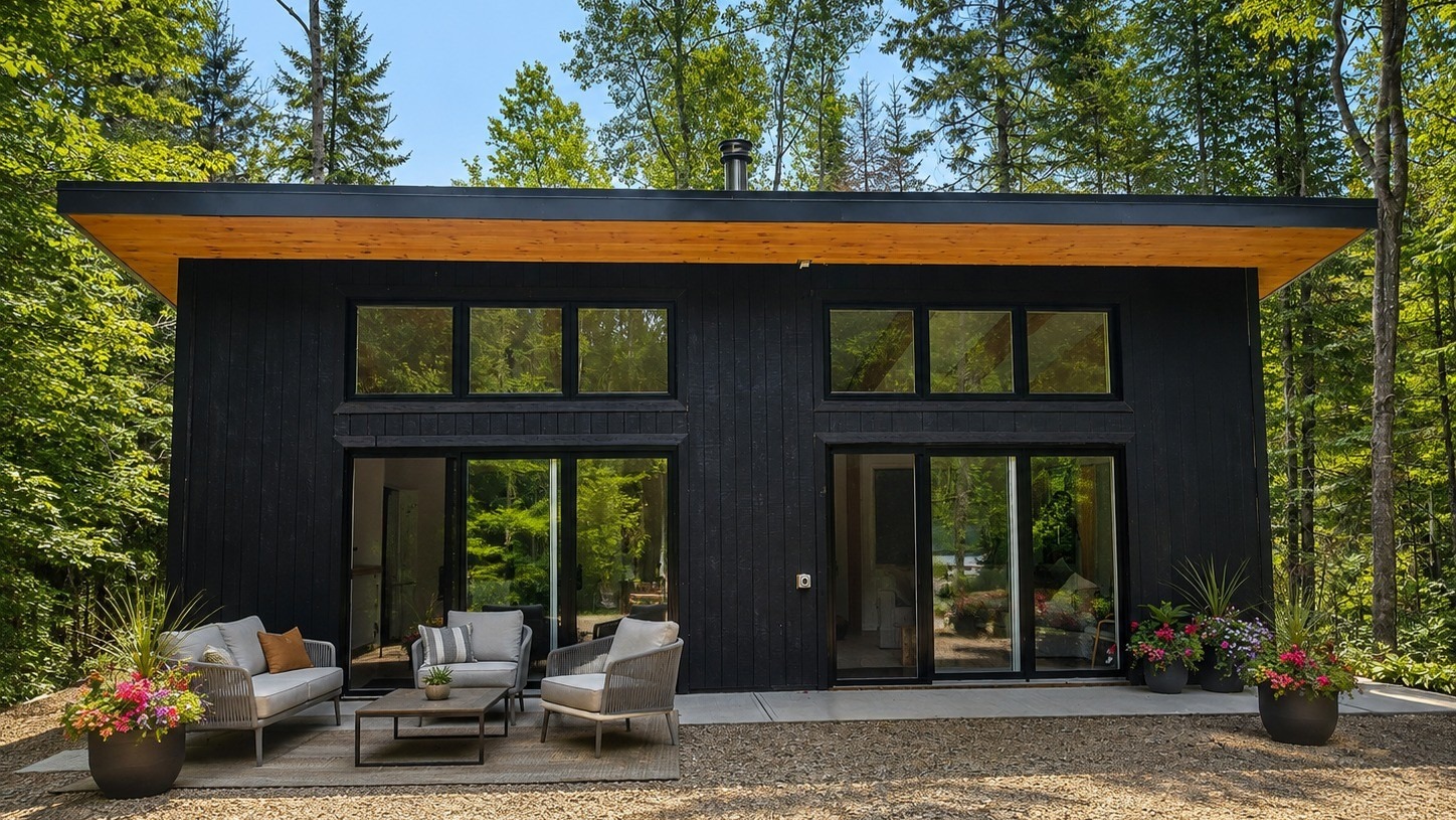 Modern black cabin with large windows, outdoor seating, flowering planters, and a wooded backdrop.