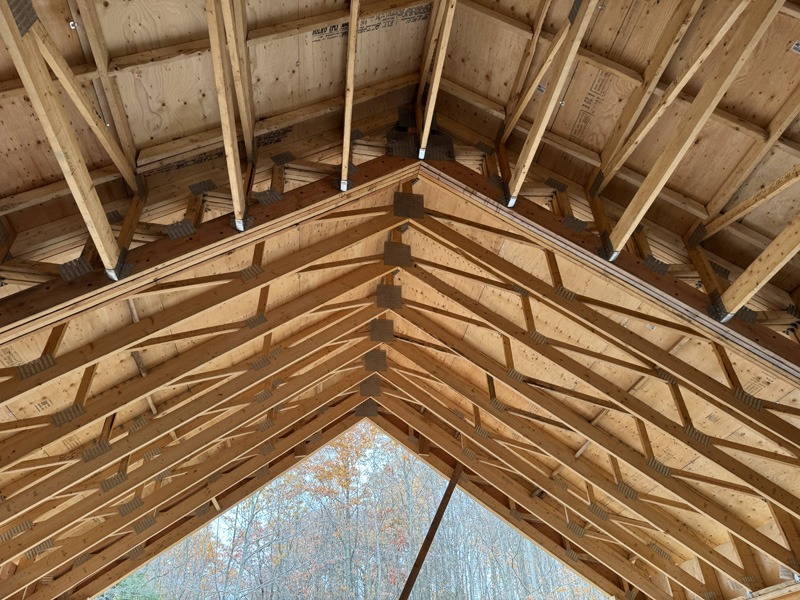 Upward view of an unfinished wooden gable roof with repeating rafters, metal connector plates, hanging wires, and leafless trees visible through the open end.