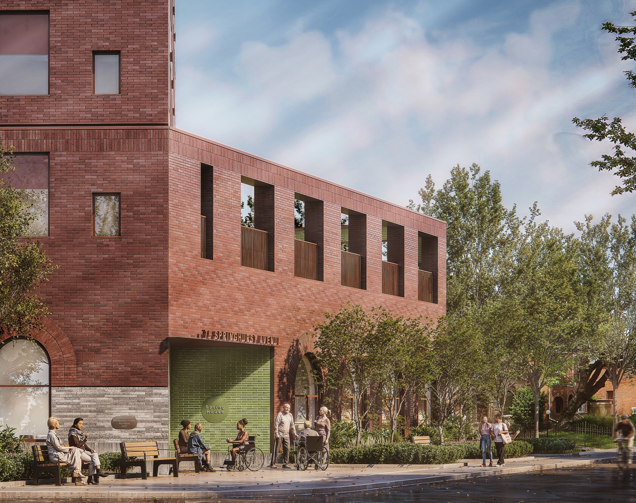 Architectural rendering of the red-brick Spring House building at 78 Springhurst Avenue, with balconies, trees, people, and a sidewalk café area.