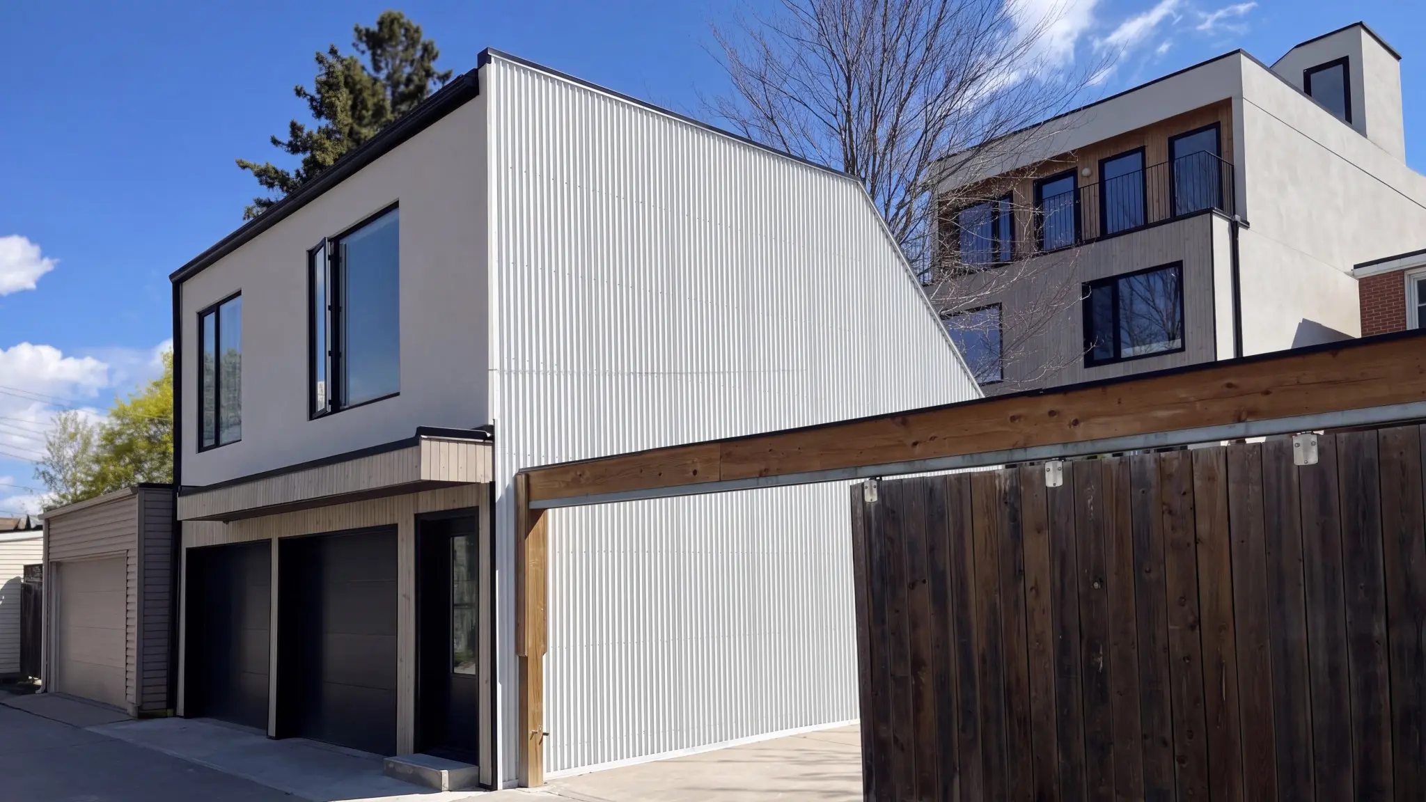 Modern white multi-story house with ribbed metal siding, dark-framed windows, balconies, garages, and a tall wooden privacy fence.